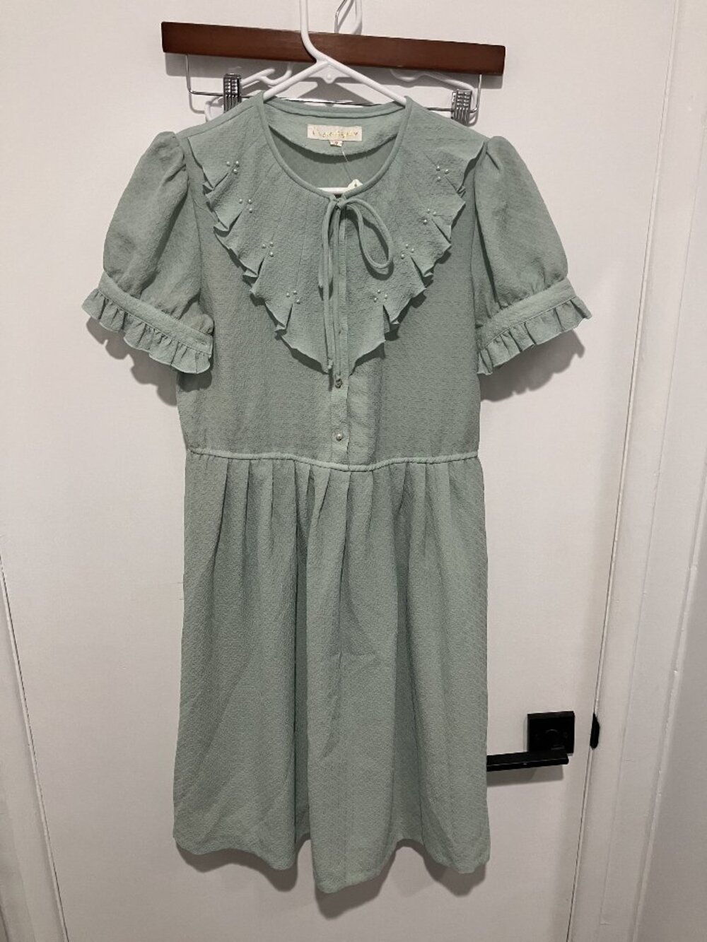 Nuege Vintage Women's Sage Green Belted Cottagecore Midi Pearl Ruffle Dress Sz 7